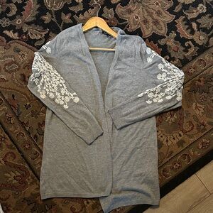 41 hawthorn Gray Cardigan with White Floral Detail
